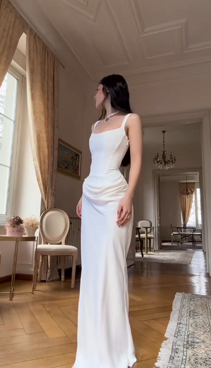 Chic White Long Prom Dresses Spaghetti Straps Sheath Birthday Dresses Satin Sleeveless Party Dresses ED06095