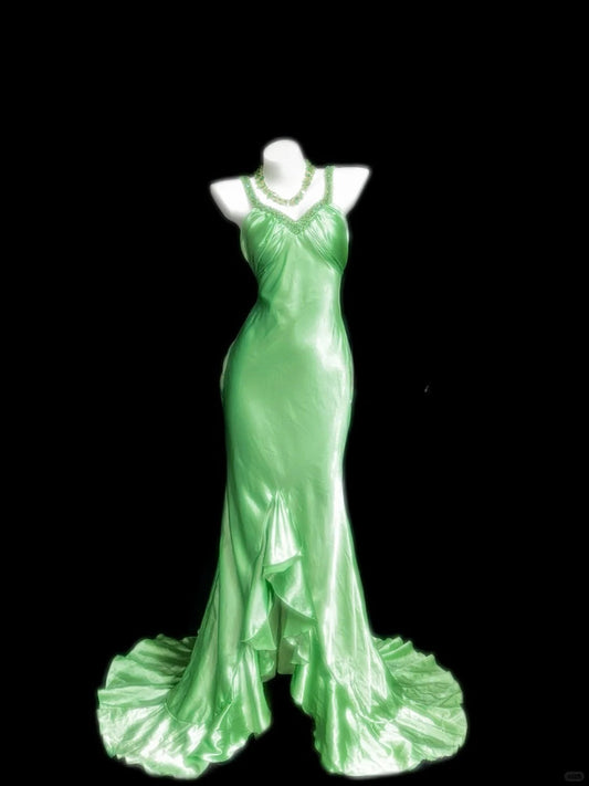 Elegant Green Wedding Guest Dresses V-Neck Sheath Birthday Dresses Satin Sleeveless Long Prom Dresses ED06103