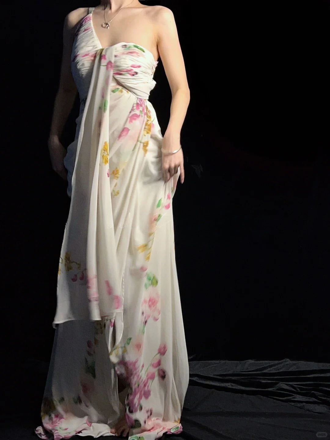 Elegant Floral Backless Long Prom Dresses One-shoulder Sheath Birthday Dresses Chiffon Sleeveless Evening Dresses ED06105