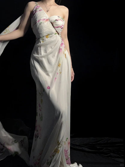 Elegant Floral Backless Long Prom Dresses One-shoulder Sheath Birthday Dresses Chiffon Sleeveless Evening Dresses ED06105