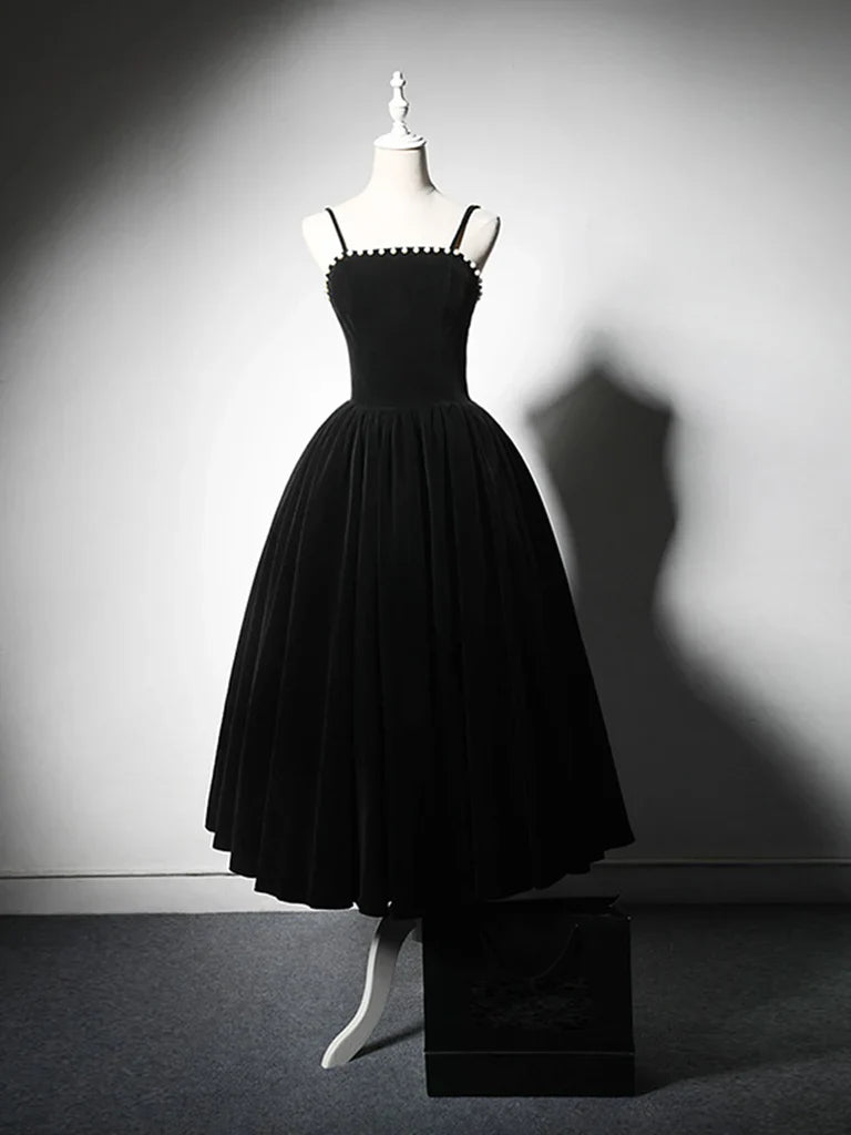 A-Line Velvet Tea Length Burgundy Prom Dress, Burgundy Cocktail Dress ED0611