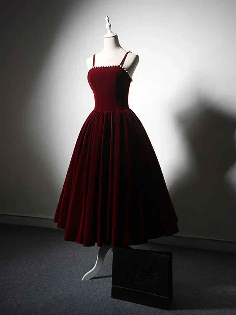Velvet Tea Length Burgundy Prom Dress, Burgundy Cocktail Dress HZ1024