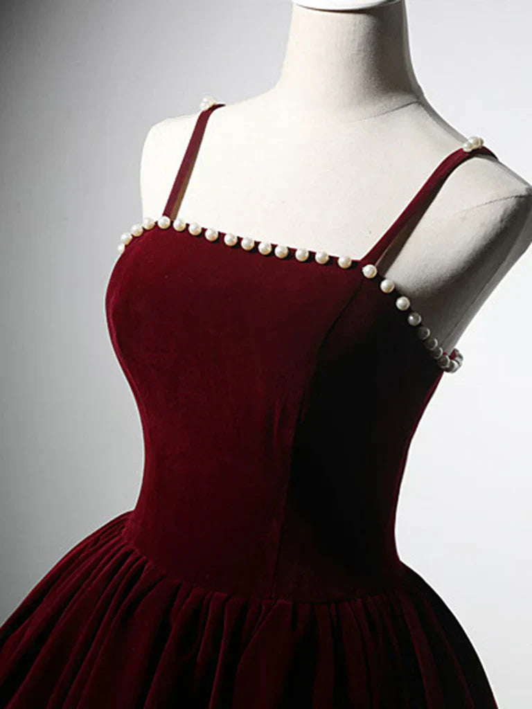 Velvet Tea Length Burgundy Prom Dress, Burgundy Cocktail Dress HZ1024