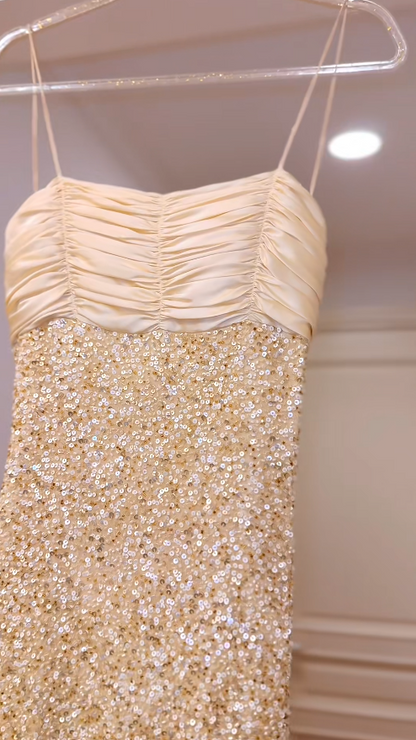 Vintage Gold Long Prom Dresses Spaghetti Straps Sheath Evening Dresses Sequins Sleeveless Party Dresses ED06110