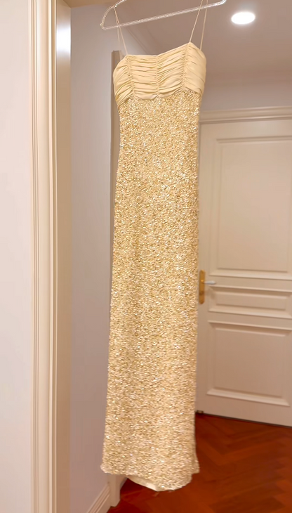 Vintage Gold Long Prom Dresses Spaghetti Straps Sheath Evening Dresses Sequins Sleeveless Party Dresses ED06110