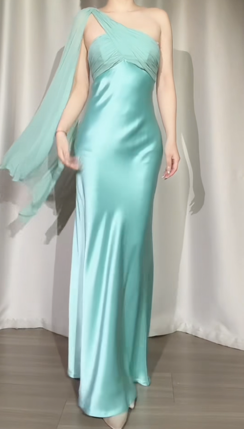 Vintage Blue Long Prom Dresses One-shoulder Sheath Evening Dresses Satin Sleeveless Party Dresses ED06113
