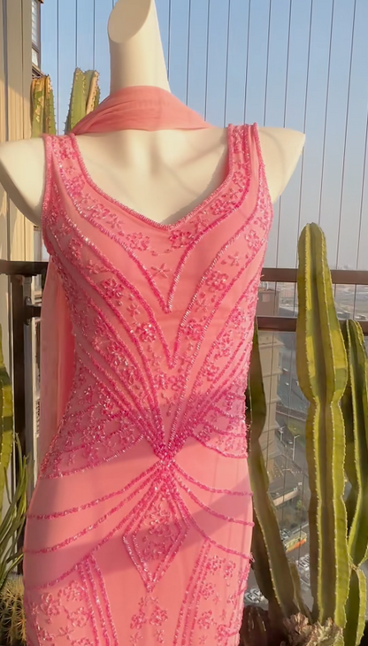 Chic Watermelon Long Prom Dresses V-neck Sheath Evening Dresses Beaded Chiffon Sleeveless Birthday Dresses ED06118