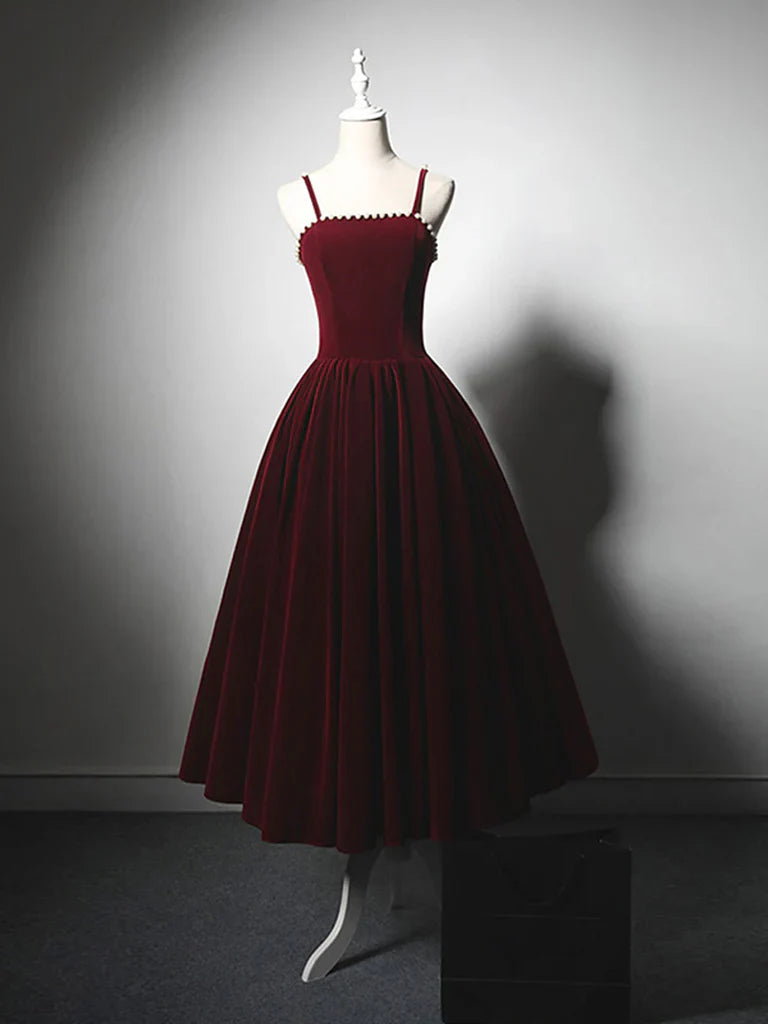 A-Line Velvet Tea Length Burgundy Prom Dress, Burgundy Cocktail Dress ED0611