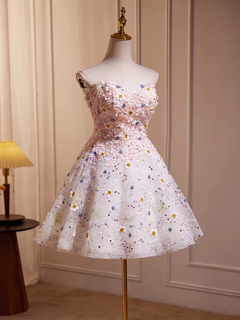 Cute Sweetheart Neck Flower Short Prom Dress, Flower Sequin Homecoming Dress HZ1024