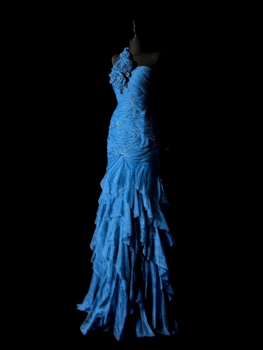 Chic Blue Long Prom Dresses One-shoulder Sheath Evening Dresses Tulle Sleeveless Party Dresses ED06127