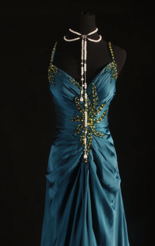 Chic Teal Long Prom Dresses Spaghetti Straps Sheath Evening Dresses Beaded Satin Sleeveless Party Dresses ED06128
