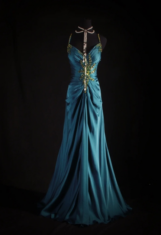 Chic Teal Long Prom Dresses Spaghetti Straps Sheath Evening Dresses Beaded Satin Sleeveless Party Dresses ED06128