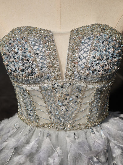 Sweetheart Neck Tulle Beads Feather Short Prom Dress, Cute Gray Homecoming Dress HZ1024