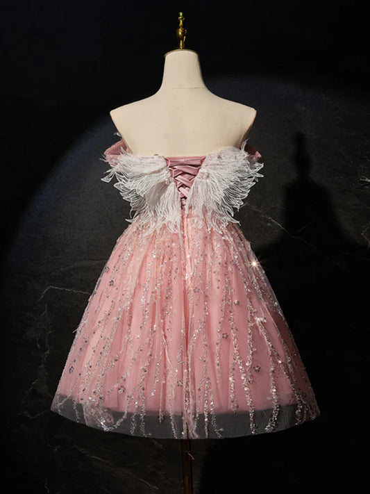 Pink A-Line Tulle Lace Short Prom Dress, Pink Cocktail Dress ED0614