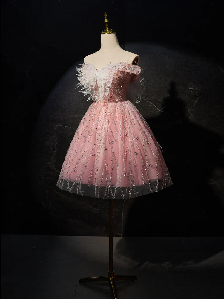 A-Line Tulle Lace Short Prom Dress, Pink Cocktail Dress HZ1024