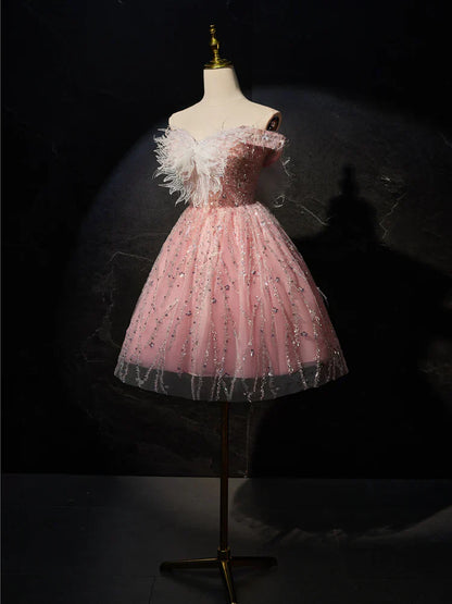 A-Line Tulle Lace Short Prom Dress, Pink Cocktail Dress HZ1024