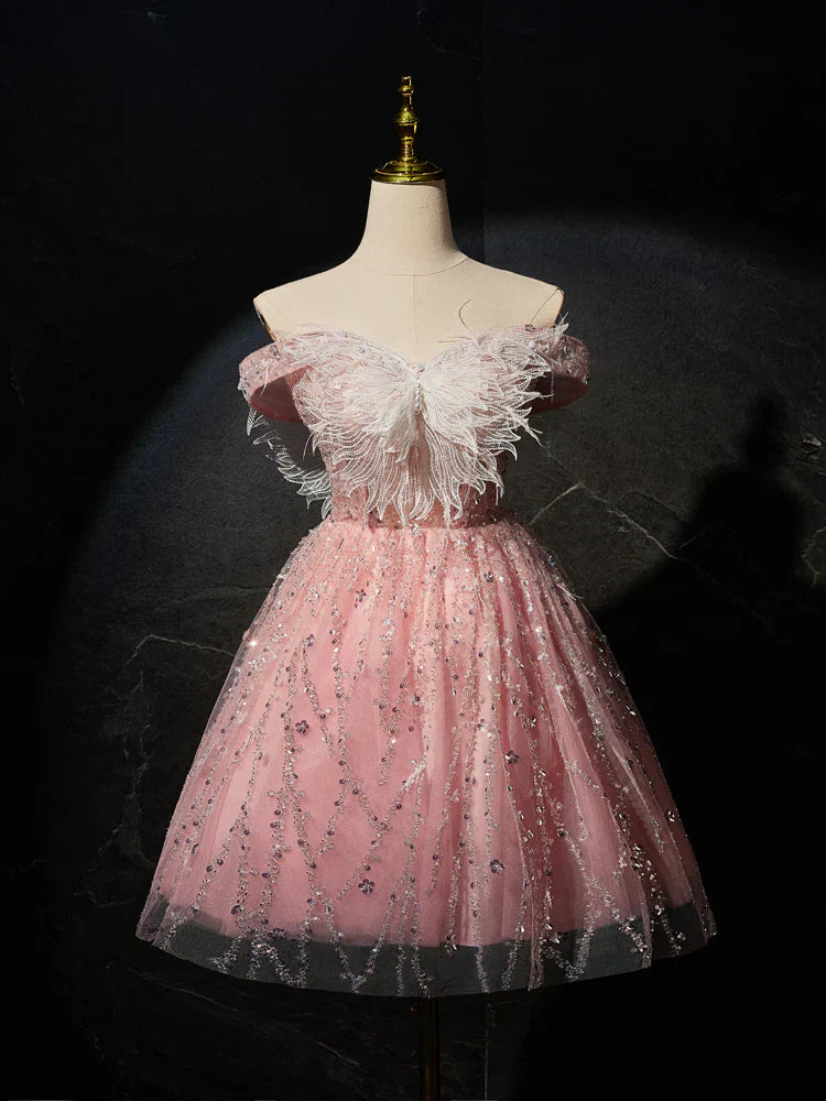 A-Line Tulle Lace Short Prom Dress, Pink Cocktail Dress HZ1024