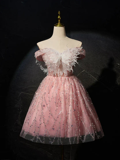 A-Line Tulle Lace Short Prom Dress, Pink Cocktail Dress HZ1024
