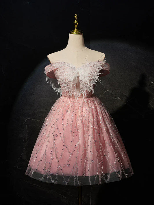 A-Line Tulle Lace Short Prom Dress, Pink Cocktail Dress HZ1024