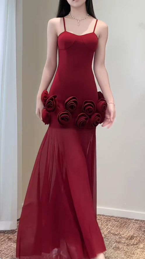 Sexy Burgundy Long Prom Dresses Spaghetti Straps Sheath Evening Dresses Chiffon Sleeveless Birthday Dresses ED06140