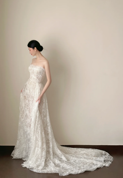 Timeless Sheath Long Wedding Dresses Lace Appliques White Bridal Gowns Strapless Bridal Dresses ED06142