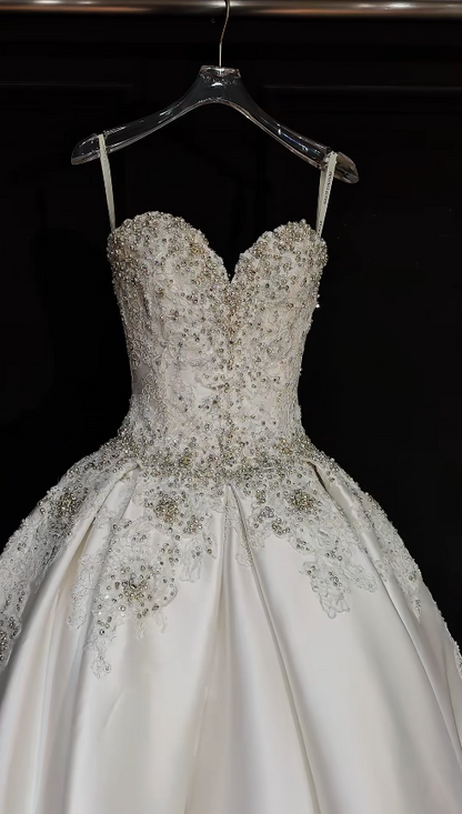 Timeless A-Line Long Wedding Dresses Satin Beaded White Bridal Gowns Sweetheart Sleeveless Bridal Dresses ED06145