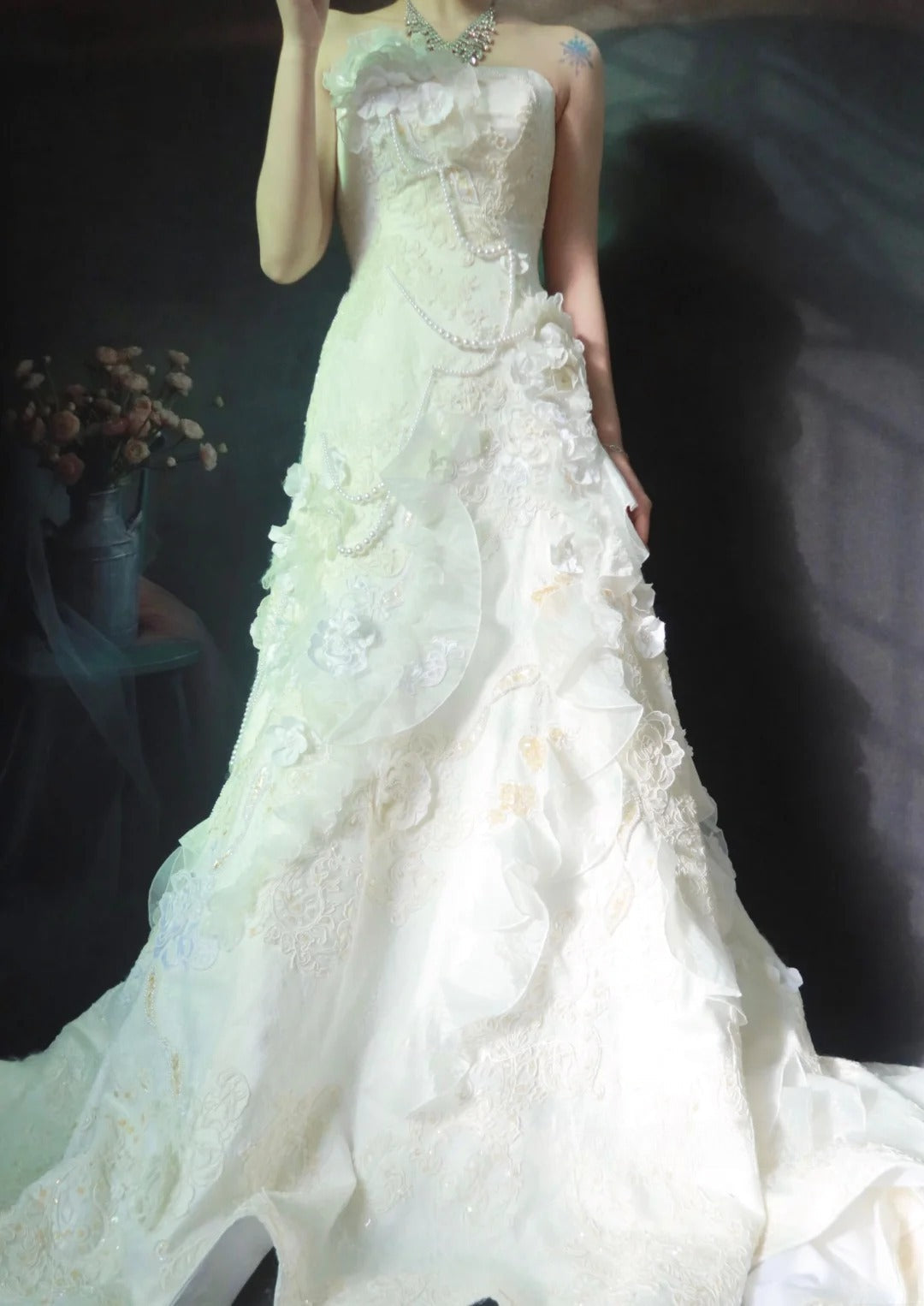 Vintage Sheath Long Wedding Dresses Tulle Applique Beaded White Bridal Gowns Strapless Sleeveless Bridal Dresses ED06146