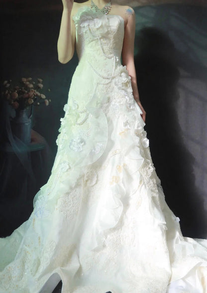 Vintage Sheath Long Wedding Dresses Tulle Applique Beaded White Bridal Gowns Strapless Sleeveless Bridal Dresses ED06146
