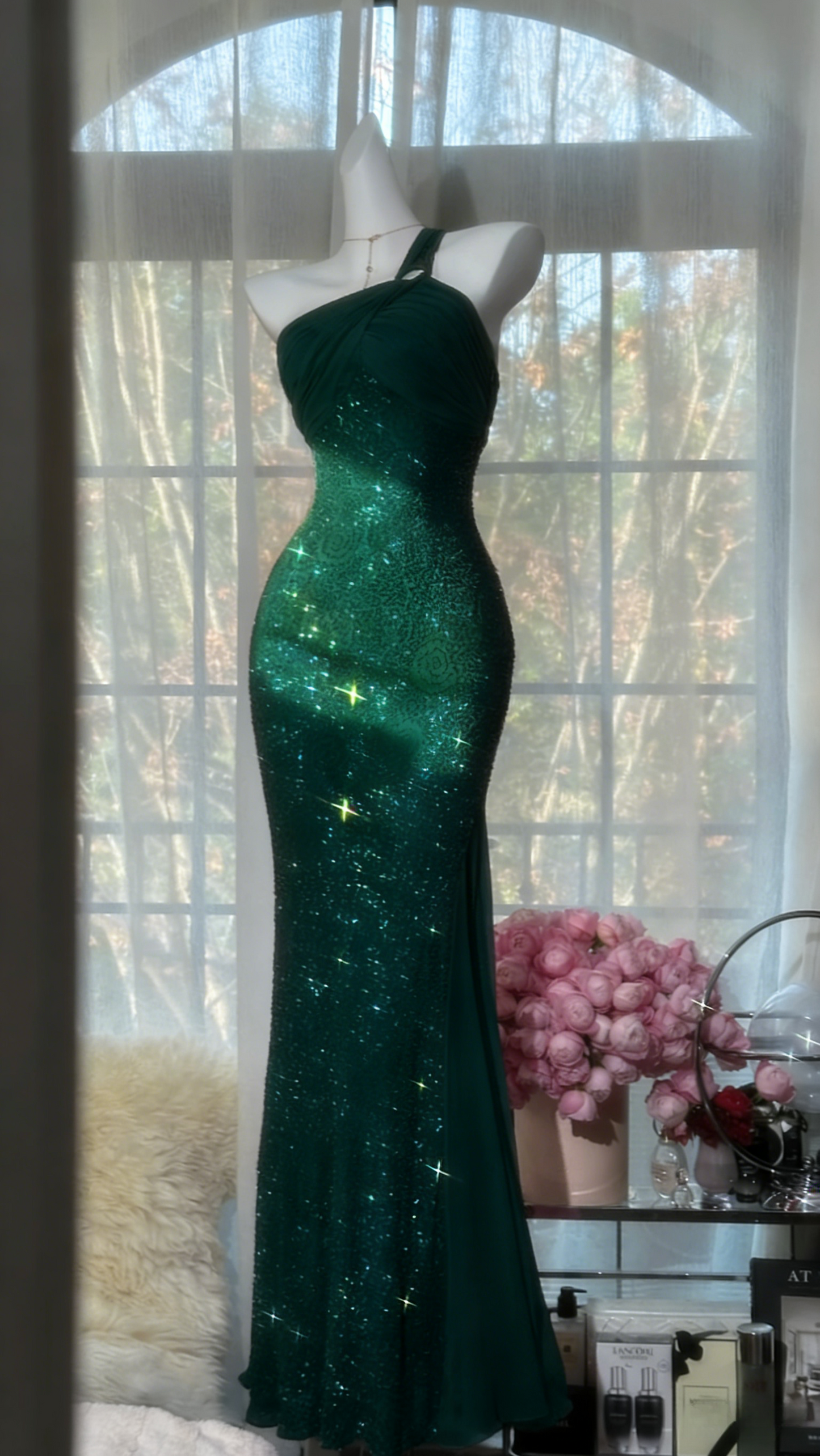 Chic Pink Long Prom Dresses One-shoulder Sheath Evening Dresses Tulle Beaded Birthay Dresses ED06147