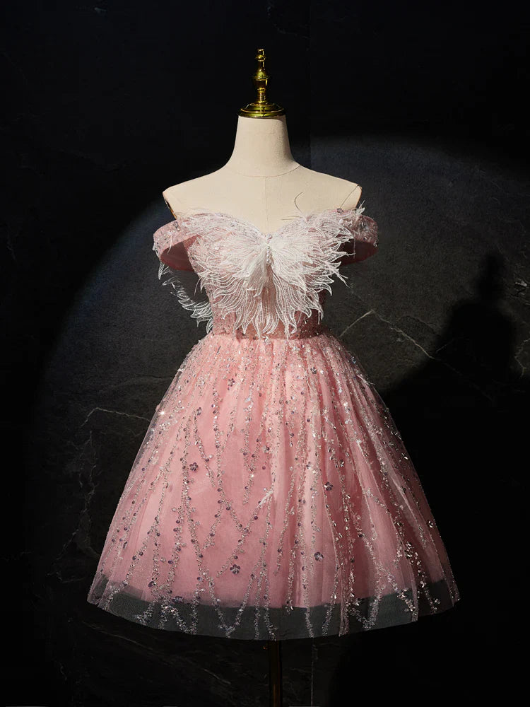 Pink A-Line Tulle Lace Short Prom Dress, Pink Cocktail Dress ED0614