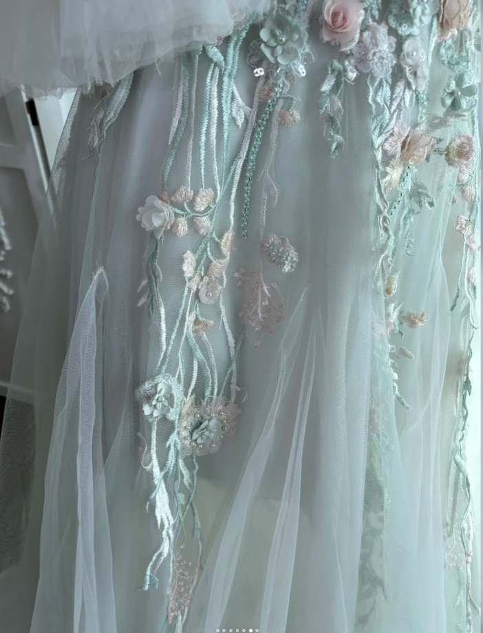 Chic Soft Green Long Prom Dresses Appliques Tulle Off-shoulder A-Line Evening Dresses ED06150