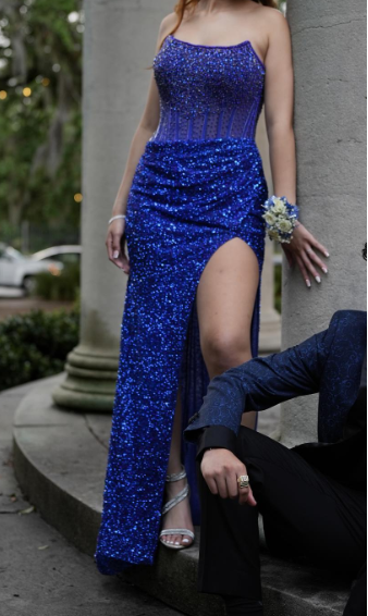 Sexy Blue Long Prom Dresses Sequins Tulle Strapless Sheath Evening Dresses with Slit ED06157