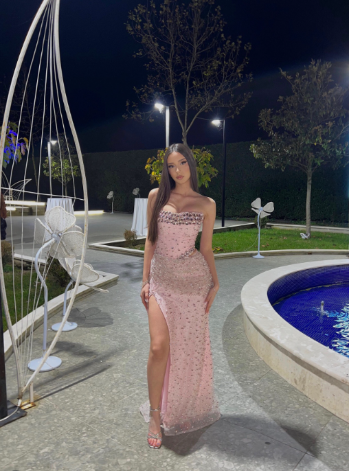 Sexy Pink Long Prom Dresses Rhinstones Tulle Strapless Sheath Evening Dresses with Slit ED06158