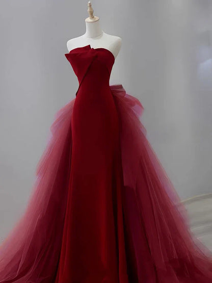Mermaid Tulle Velvet Burgundy Long Prom Dress, Burgundy Long Evening Dress ED0615