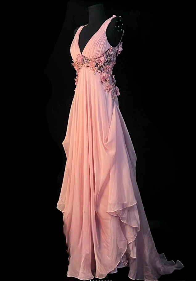 Chic Peach Long Prom Dresses Chiffon V-neck Sheath Evening Dresses Sleeveless Birthday Dresses ED06160