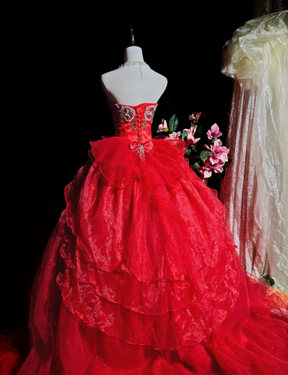 Chic Red Long Prom Dresses Applique Tulle Strapless A-Line Quinceanera Dresses Sleeveless Sweet 16 Dresses ED06162