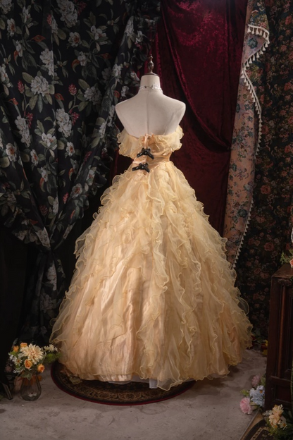 Chic Yellow Long Prom Dresses Tulle Strapless A-Line Quinceanera Dresses Sleeveless Sweet 16 Dresses ED06163