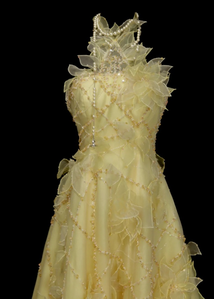 Chic Yellow Long Prom Dresses Beaded Tulle Halter A-Line Quinceanera Dresses Sleeveless Sweet 16 Dresses ED06164
