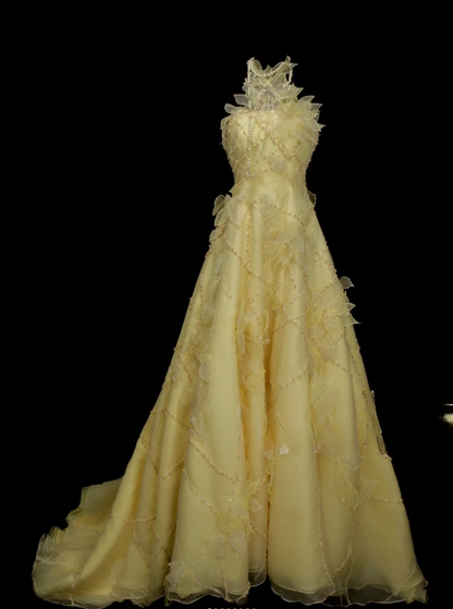 Chic Yellow Long Prom Dresses Beaded Tulle Halter A-Line Quinceanera Dresses Sleeveless Sweet 16 Dresses ED06164