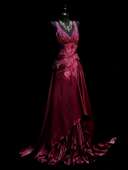Elegant Grape Long Prom Dresses Satin V-neck A-line Evening Dresses Appliques Sleeveless Formal Dresses ED06169