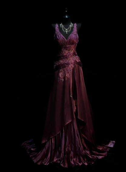 Elegant Grape Long Prom Dresses Satin V-neck A-line Evening Dresses Appliques Sleeveless Formal Dresses ED06169