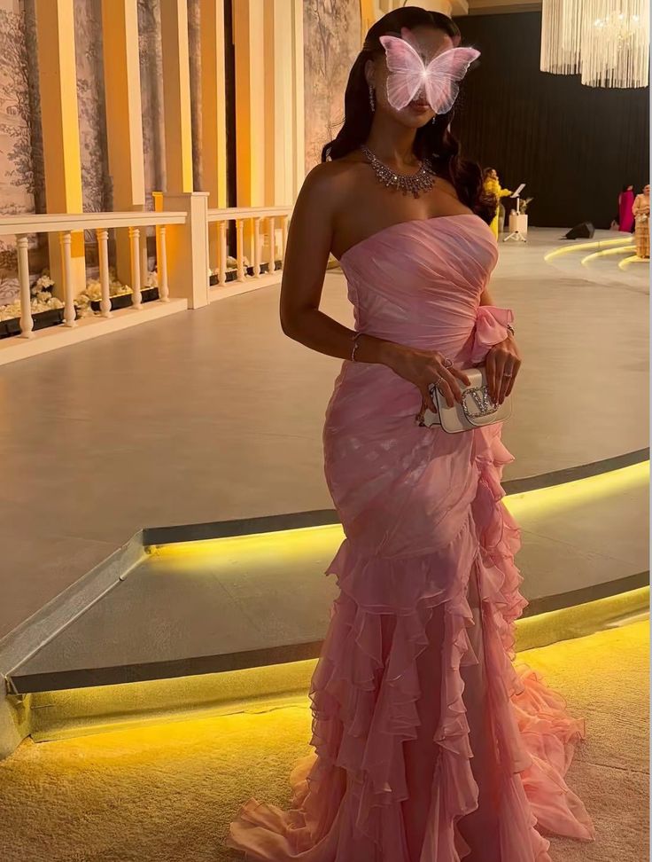 Sexy Pink Long Prom Dresses Chiffon Strapless Sheath Evening Dresses ED06175