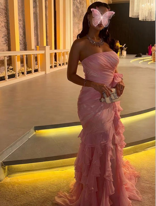 Sexy Pink Long Prom Dresses Chiffon Strapless Sheath Evening Dresses ED06175
