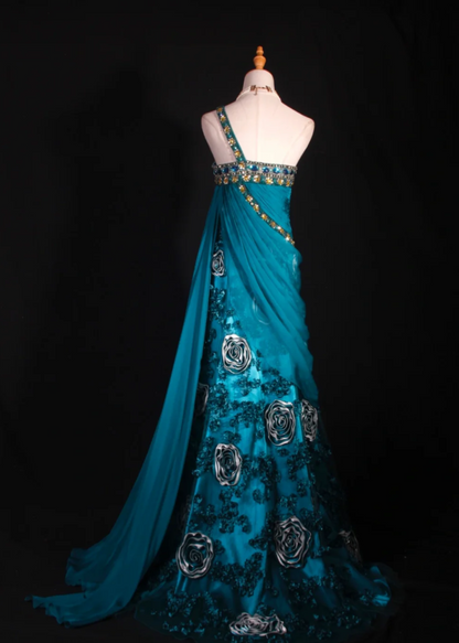 Fairy Teal Long Prom Dresses Chiffon One-shoulder Sheath Evening Dresses Sleeveless Birthday Dress ED06178