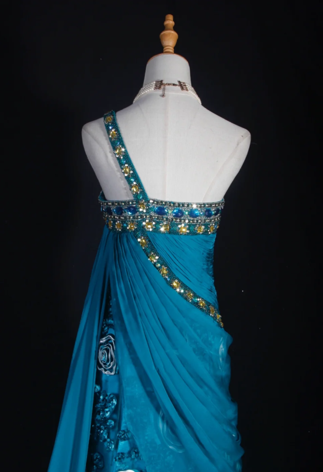 Fairy Teal Long Prom Dresses Chiffon One-shoulder Sheath Evening Dresses Sleeveless Birthday Dress ED06178