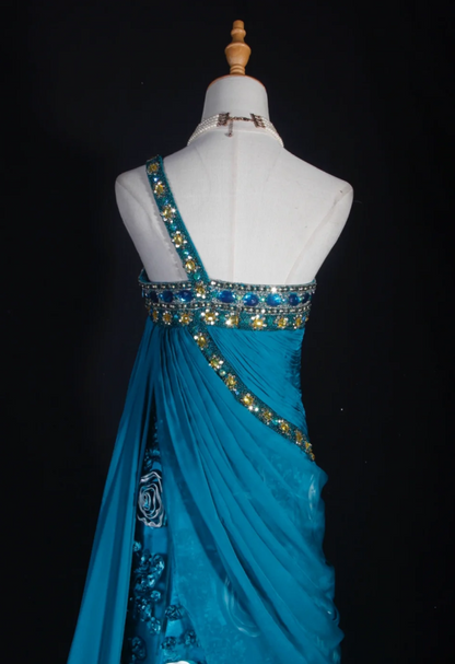 Fairy Teal Long Prom Dresses Chiffon One-shoulder Sheath Evening Dresses Sleeveless Birthday Dress ED06178