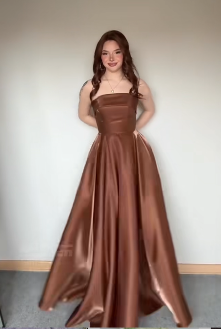 Chic Brown Long Prom Dresses Satin Strapless A-Line Evening Dresses  ED06186