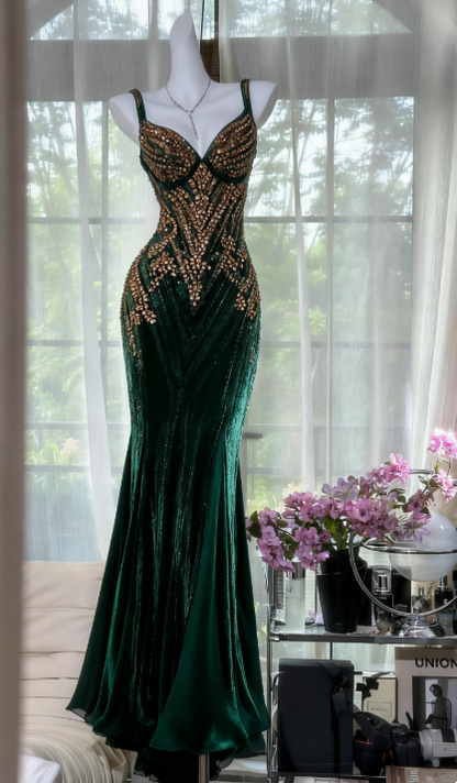 Chic Dark Green Long Prom Dresses Beaded Chiffon Straps Mermaid Evening Dresses ED06190