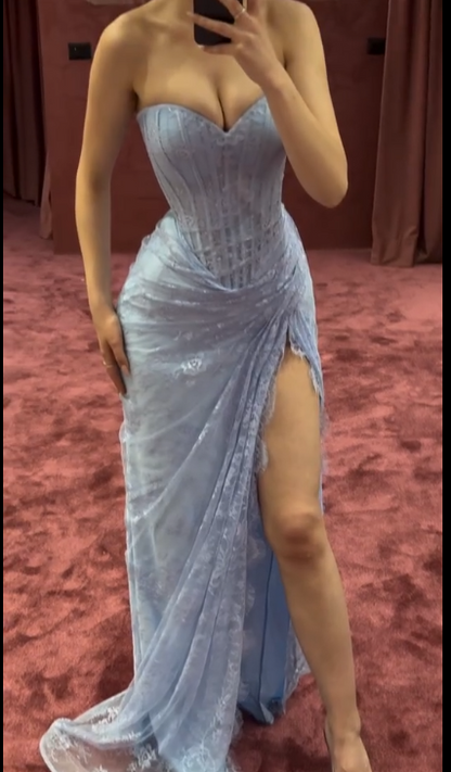 Chic Blue Long Prom Dresses Lace Sweetheart Sheath Evening Dresses with Slit ED06200