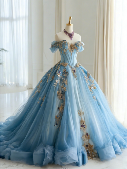 Gorgeous Purple Birthday Dresses Off-shoulder A-Line Long Prom Dresses Tulle Appliques Quinceanera Dresses ED06202